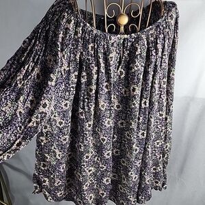 Floral Print Peasant Top with Keyhole Front Billowy Blouse